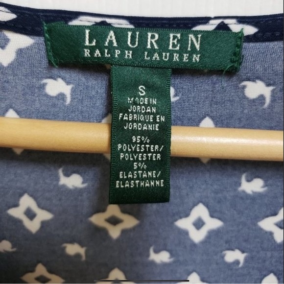 LAUREN RALPH LAUREN S Navy White Jersey Knit Ruched Faux Wrap Dress - Picture 6 of 7